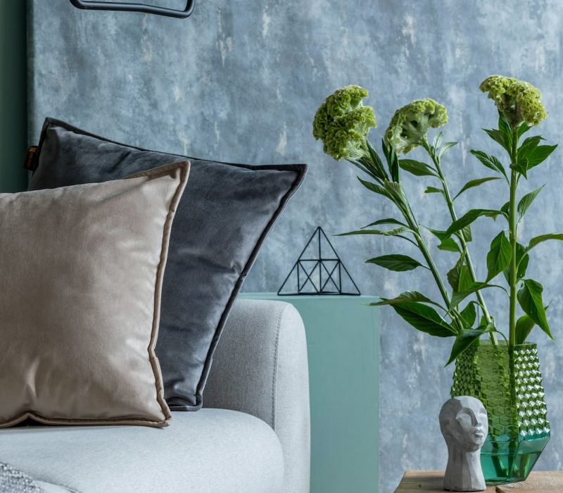 Stylish composition of cozy living room with sofa.