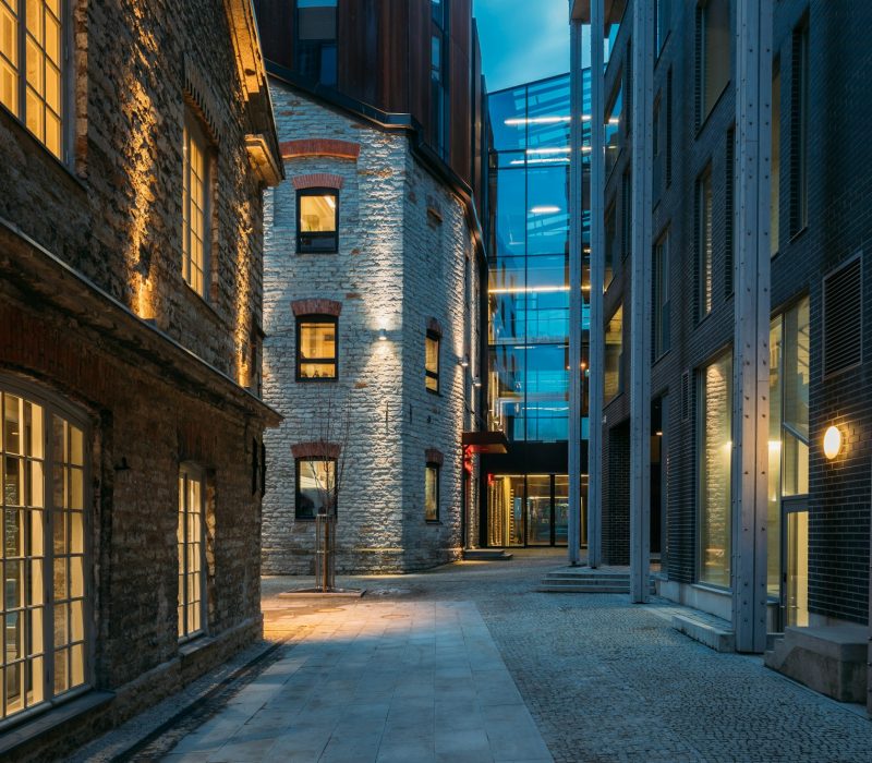 Tallinn, Estonia. Historical Rotermann City Quarter In Evening Illuminations